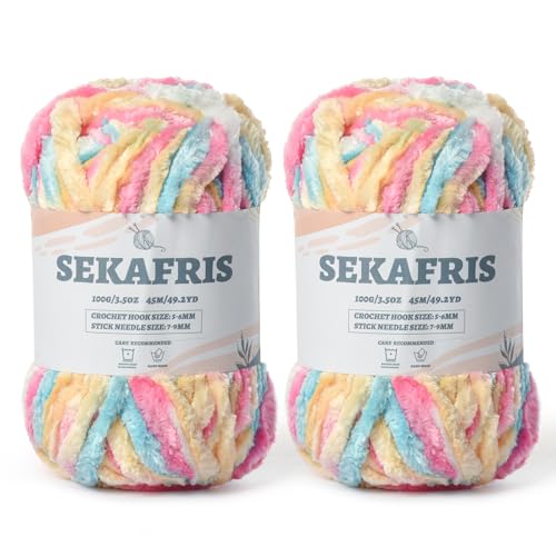 Image of Chenille Velvet Soft Yarn Candy Colour 2 Pack | 200g /98.4yds Fuzzy Chunky Chenille Yarn for Crocheting Plush Yarn for Hand Knitting Amigurumi Fluffy Yarn