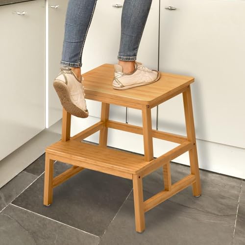 COSYLAND Kitchen Nursery Step Stool for Kids - A-shaped Solid Standing Tower for Kitchen Counter Island - Mothers' Helper Kids Learning Stool,Made of Natural Bamboo (Natural)