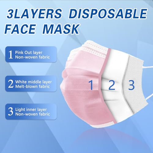 Image of 100Pcs Pink Disposable Face Mask,3 Ply Masks with Soft Ear loops