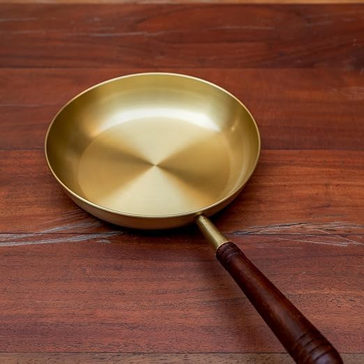 Brass Frying Pan with Wooden Handle for Cooking and Frying Cookwa...