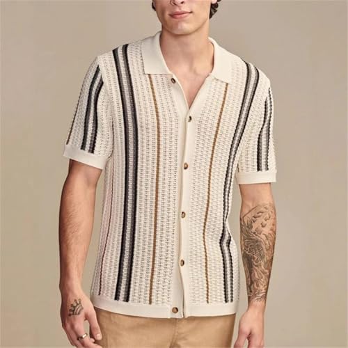 Men’S Slim Fit Hollow Out Striped Knitted Polo Cardigan Short Sleeve Button-Down Streetwear Top Tee2