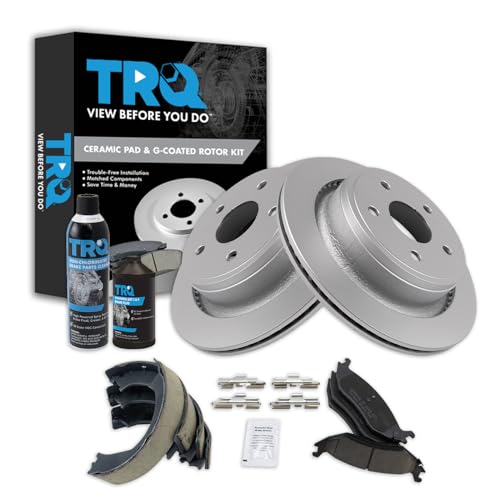Image of TRQ Rear Brake Pad & Rotor Kit, with Chemical Kit Parking Brake Shoe Set Ceramic Premium G-Coated Compatible with 2003-2004 Dodge Ram 1500