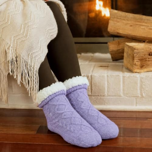 Image of Slipper Socks for Women with Grippers Non Slip, Sherpa Lined Slipper Socks
