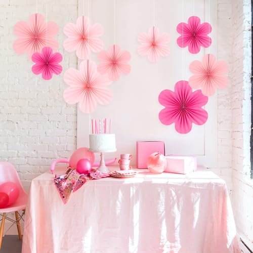 Image of SUNBEAUTY Paper Flowers Decoration, Set of 9 - Hot Pink Paper Flower for Wall Hanging Ornaments, Party Fans & Floral Backdrop for Weddings Baby Showers Birthdays Valentine Mother's Day & More