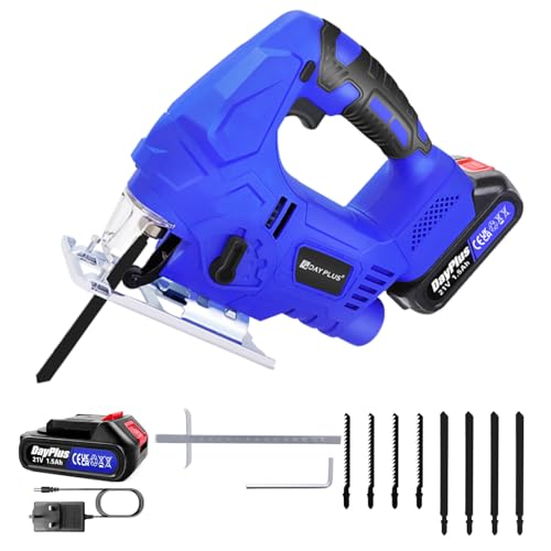 21V Electric Jigsaw for Wood with LED Light, 400W 3000 SPM Upgraded Brushless Motor Universal Electric Jigsaw Tool with Battery and Charger, 8PCS Blades, Jig Saw Cordless for Wood Metal Cutting