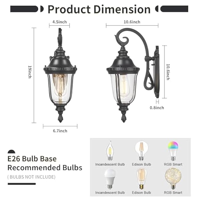 Outdoor Wall Light Fixture Black Porch Lights Outside Wall Mounted Lighting Clear Glass Shades Exterior Waterproof Lanterns Modern Outdoor Wall Sconces for Home, Yard, Patio