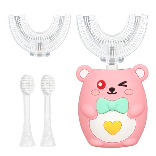 Fiotha Cepillo de Dientes Ultrasónico 360° para Niños, Cepillo de Dientes Eléctrico Niños en Forma de U con 2 Cabezales Silicon y 2 Cabezales Suaves para Niños de 2 a 12 Años (E)