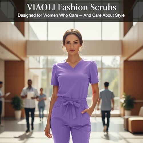 VIAOLI Fashion Scrubs for Women Set - Women Scrub Top and Belted Straight Leg Pants for Nurse Uniform Scrubs Set - image 2