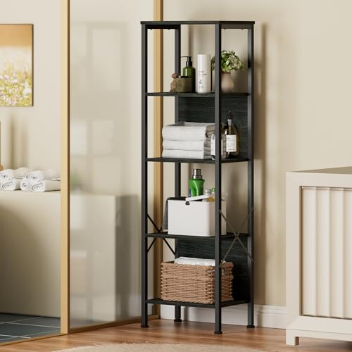 Furologee CTBS-009 5 Tier Tall Bookshelf With Back, Industrial Narrow Bookcase, Display Standing Shelf Units, Metal And Wood Storage Corner Shelves Organizer For Bedroom thumb #8
