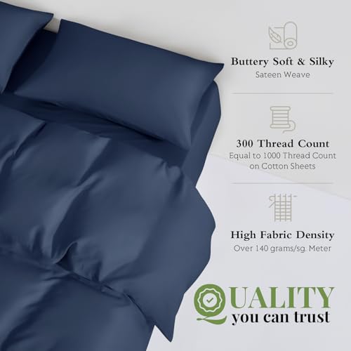 Full/Queen Duvet Cover Set, 100% Viscose Derived from Bamboo, 3 Pieces, 1 Zipper Closure Duvet Cover (90"x90") and 2 Pillowcases (20"x30") Cooling & Silky Soft (Navy)
