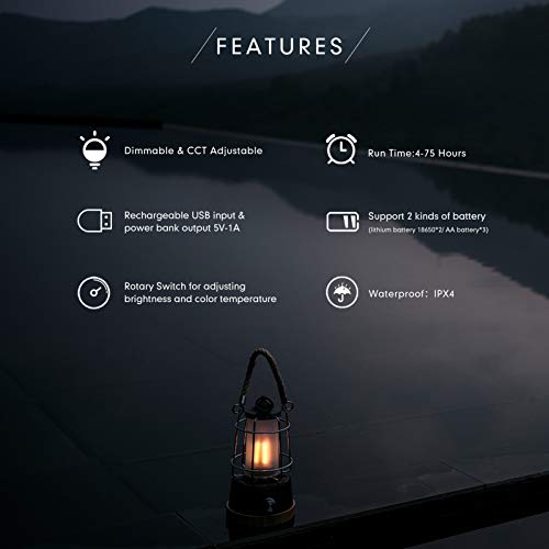 CAMMILE LED Camping Lantern, Battery Powered Lanterns Vintage Style, Rechargeable Tent Light, 5000mAh Power Bank, Suitable for Hurricane Emergency, Camping, Survival Kits, Hiking, Home