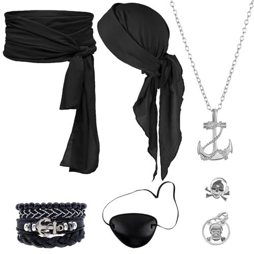 AUNGCSHE 7PCS Mittelalter Pirate Accessories, Piratenkostüm Damen und Herren Es Gibt Hüfttuch, Kopftuch, Augenmaske, Halskette, Ohrringe, Ring,...
