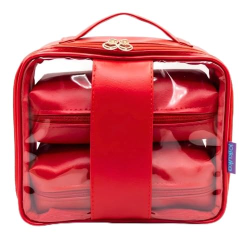 Necessaire Feminina Transparente Organizador Estojo de Maquiagem Viagem Blogueira Kit 3 (Vermelho)