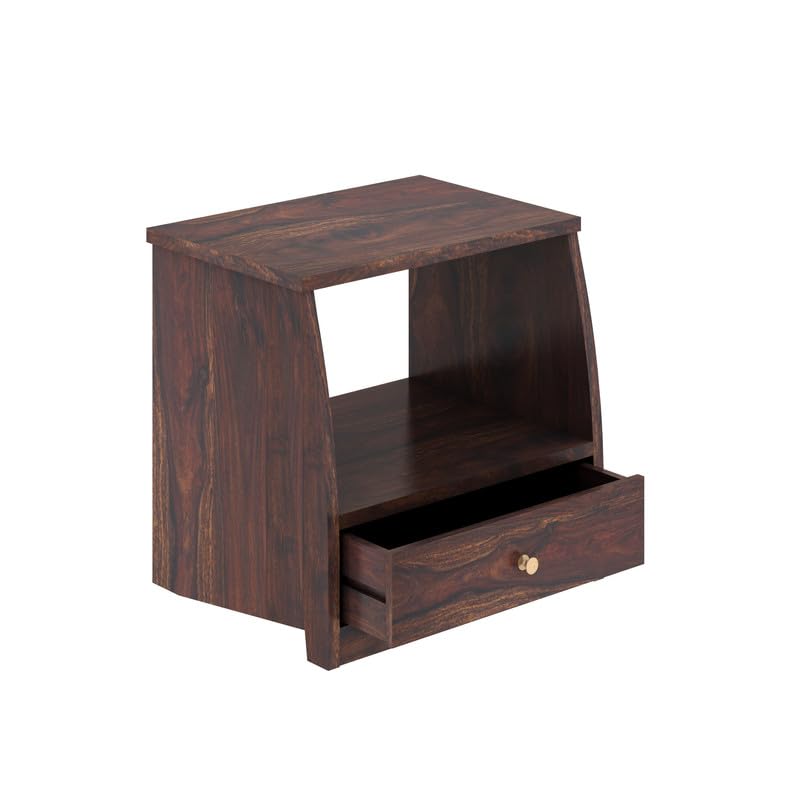 Image of Solid Sheesham Wood Bedside Table with 1 Drawer & 1 Open Shelf Storage for Bedroom, End Table, Side Table for Living Room Home (Walnut Finish)