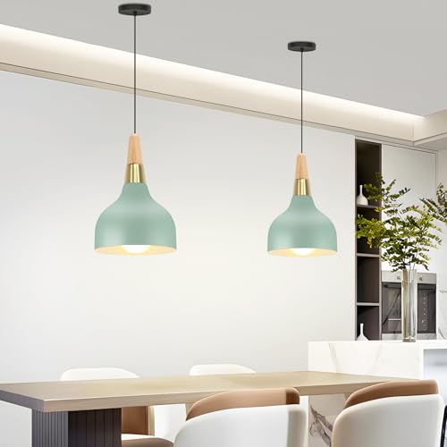 SonPen Pendelleuchte Esstisch Skandinavisch, Hängelampe E27 Kegelförmige mit Metall und Holz, Modern Hängeleuchte, Esszimmerlampe/Deckenlampe Flur/Lampe Küche/Hängelampe Schlafzimmer, Ø 15 cm Grün