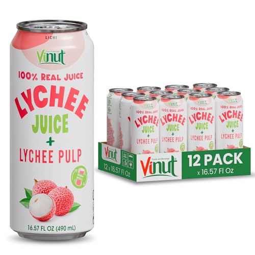 Image of VINUT 100% Natural Lychee Juice Drink with Pulp, Real Lychee Juice, Gluten Free, GMO-Free, 16.57 fl oz, Pack of 12