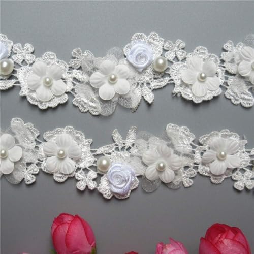 Spitzenband mit weißen Rosen und Perlen, 4 cm breit, Vintage-Stil, bestickte Applikation, Nähen, Basteln, Hochzeitskleid, Basteln, Karten, Kleidung, Stickerei, Verzierung