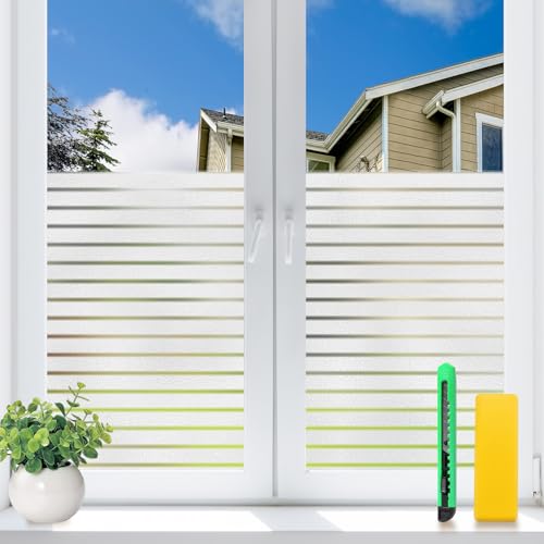 Snugfolk Film Fenetre Anti Regard Dépoli Motif Rayure 44,5x200 cm,Anti-UV Film Occultant Fenêtre...