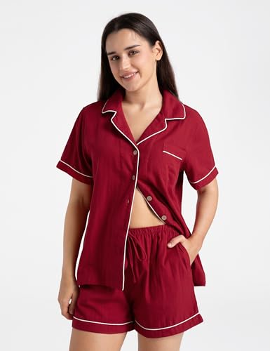 Image of Womens Muslin Pajama Sets 100% Cotton Double Gauze Linen Like Short | Breathable Soft Comfort Button Up Loungewear Sleepwear PJ Set