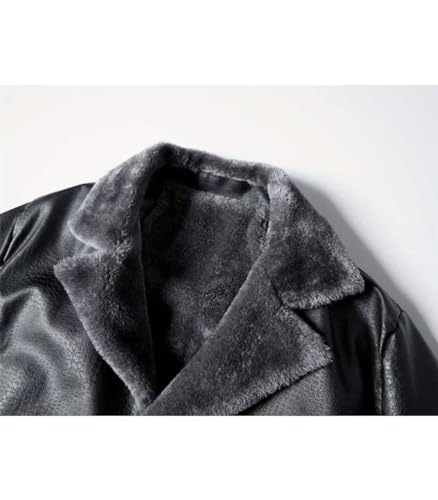Image of INVACHI Leather Jacket Men Faux Leather Fur Collar Mid-Length Jacket Padded Lining Winter Warm Lapel Trench Coat