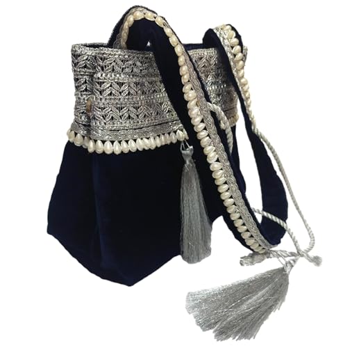 Image of athizay Blue Velvet Handbag for women potli bag which opens to a small shoulder bag for ladies with handcrafted Moti work Strap Multi purpose bag Regal and Royal look