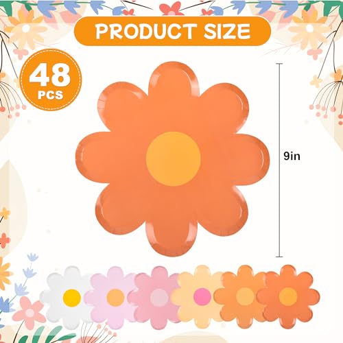 Image of 48Pcs Groovy Daisy Paper Plates Floral Shaped Scalloped Dinner Plates