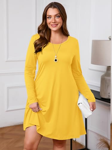 Image of AusLook Women's Plus Midi Dress Long Sleeve Crew Neck A-Line Swing Flowy Vacation Fall Wedding Guest Dresses with Pocket 1-5X