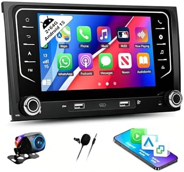 2+64G Android 15 Car Stereo for Audi A4 S4 RS4 2002-2008 with Wireless Carplay Android Auto, 9 inch Touch Screen Radio with GPS Navi/WiFi/Bluetooth/SWC/FM RDS/EQ/Mirror Link+Backup Camera Mic