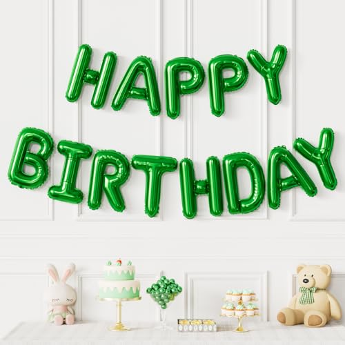 Image of Green Happy Birthday Balloon Banner, 16 Inch Foil Letter Balloons, Green Birthday Decorations for Men Boys Girls, Jungle Dinosaur Gaming Soccer Indoor Outdoor Party Supplies