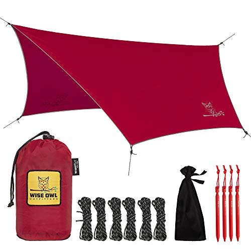 Wise Owl Outfitters Rain Tarp - 11 x 9 ft Lightweight & Waterproof Hammock Tarp w/ Easy Setup - Backpacking, Hiking, and Camping Essentials, Crimson Red