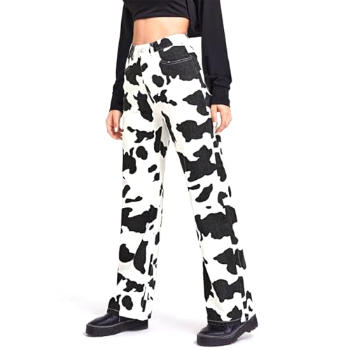 Women Cow Print High Waist Wide Leg Jeans Pants Casual Fashion Y2k Cute Lounge Denim Trousers with Pockets3