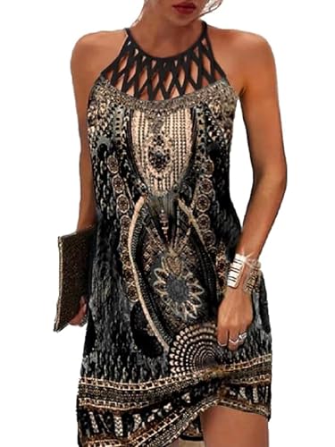 Image of LOVESHOOT Summer Dresses for Women 2026 Casual Floral Hollow Out Halter Neck A-line Sundress for Beach Vacation with Pockets