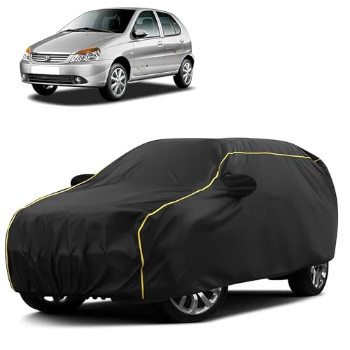 Image of Sulfar 100% Water Resistant Car Body Cover Compatible with Mirror for Tata Indica V2 (Triple Stitched, Full Bottom Elastic, Black Taffeta with Yellow Piping)