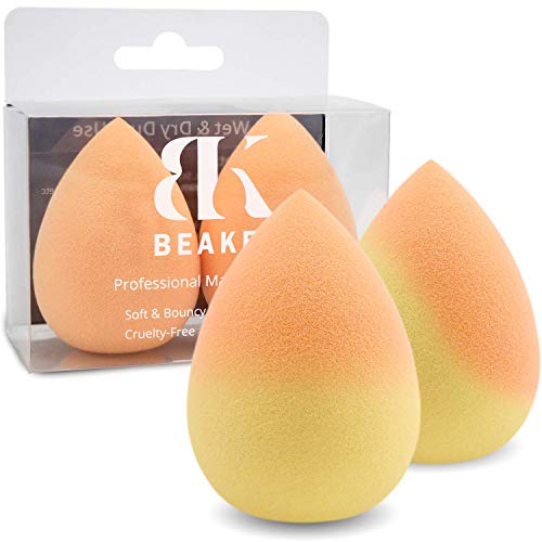 BEAKEY Color Changing Makeup Sponges, Latex-free Makeup Blender Beauty Foundation Blending Sponge, Flawless for Liquid, Cream and Powder Application (Orange Turns Yellow, 2 Pcs)