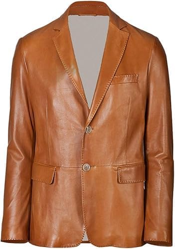 chava Men's Genuine Leather Blazer, Tan, Notch Lapel, Two-Button, Regular Fit, Hip Length, Smart Casual-picture-13