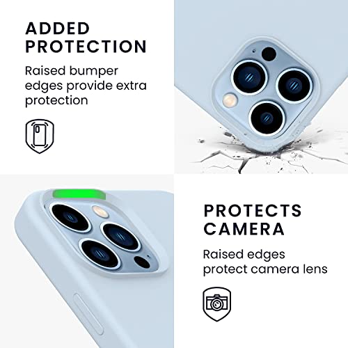 Image of Elzzi Microfiber Logo Cut Cover Compatible for iPhone 13 Pro Max Case Smooth Cushion Liquid Soft Silicone Gel Rubber Phone Non-Slip Full Body Protective Shockproof Back Cover 6.7 inch, Sierra Blue