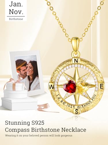 Compass Birthstones Necklace for Women, Exquisite Anniversary Birthday Gifts for Wife Sterling Silver Compass Necklace Double Birthstone Pendant jewelry ‘I'd be Lost Without You’4