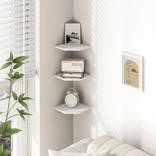 Image of Fun Memories Corner Shelf Wall Mount, Floating Corner Shelves, Set of 6 Corner Wall Shelf Organizer, Rustic Wood Wall Storage Display Shelves for Living Room Bedroom Bathroom Kitchen, Rustic White