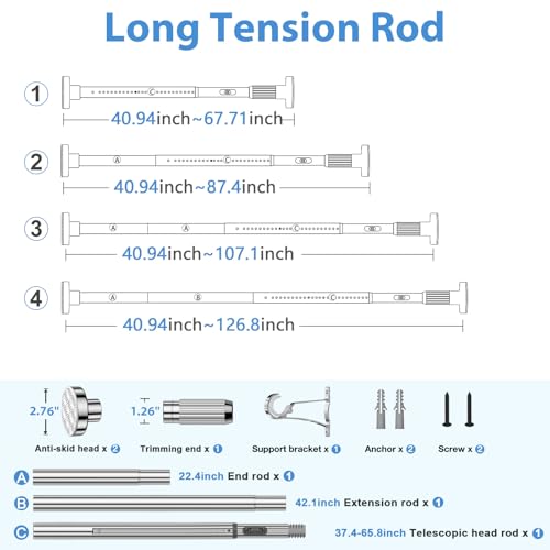Image of Long Tension Rod 41-126inch Silver Tension Curtain Rods no Drilling | 1.26 inch Diameter Outdoor Curtain Rod for Patio,Windows,Anywhere Heavy Duty Spring Rods Adjustable