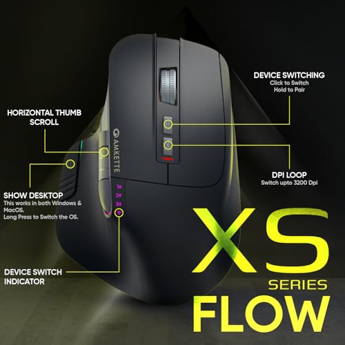 Image of Amkette XS Series Flow Ergonomic Wireless Mouse /Bluetooth Mouse with Side Scroll, 2.4GHz & 3X BT, 8 Buttons, Multi-OS, Rechargeable, 3200 DPI, RGB Lighting, Productivity Design, 2 Yrs Warranty