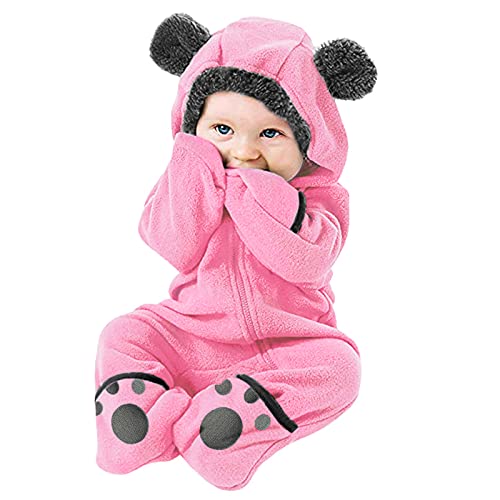 Newborn Baby Boy Girl Fleece Footed Jumpsuit Bear Ears Hooded Romper Zip up Outerwear Coat Infant (Pink, 12-18 Months)