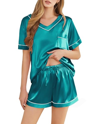 Image of Silk Pajamas for Women Short Sleeve Satin 2 Piece Pj Set Soft V Neck Sleepwear Loungewear, S-XXL