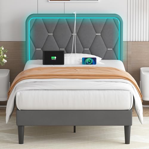 VECELO Upholstered Twin Bed Frame with Headboard Adjustable, Velvet Platform Bed with LED Lights, Charging Station, Mattress Foundation with Wooden Slats, Noise Free, No Box Spring Needed, Grey