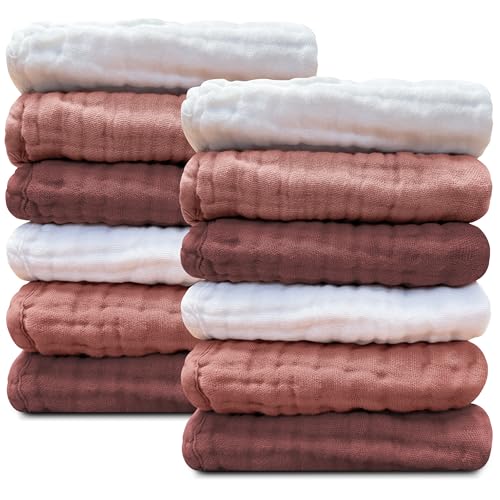 Image of Sunny zzzZZ Baby Muslin Washcloths -100% Cotton Muslin Soft Baby Bath Wash Cloths and Absorbent Burp Cloths for Newborns Kids Girls and Boys -12 Pack, 12x12 Inches - White+Deep Bean Paste Series