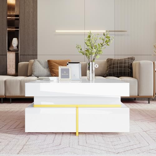 ANIROY Couchtisch, Hochglanz-Wohnzimmertisch, Beistelltisch mit Schubladen und goldenen Akzenten (Weiß)