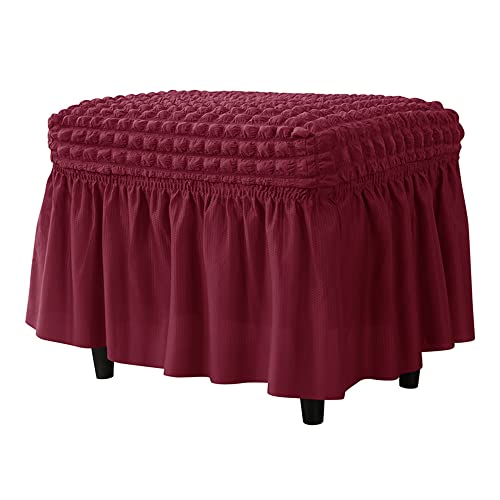 XMNTG Stretch Burgundy Seersucker Ottoman Slipcover Rectangular Super Fit Footstool Cover with Skirt Washable Folding Footrest Covers Furniture Protector for Living Room Kid Pet (Burgundy)