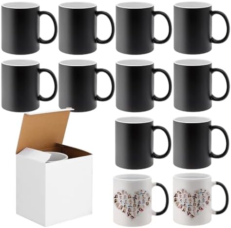 12 Pack Color Changing Coffee Mugs, 11 Oz Sublimation Mug Black Magic Mug, Heat Sensitive Custom Ceramic Photo Cup, Tazas Magicas para Sublimacion with Box for Cricut Press Print DIY Gifts