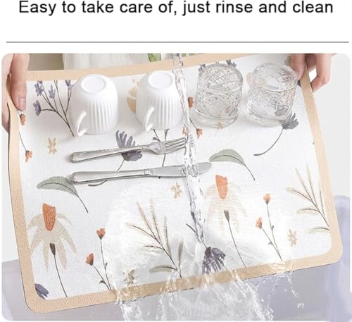 Image of HomeCloud Dish Drying Mat for Kitchen Counter - Super Absorbent, Non-Slip & Heat-Resistant - Quick Dry Rack Pad for Dishes, Utensils, Coffee Maker - Stain-Hiding Design (Camellia Beige, 40x50cm)