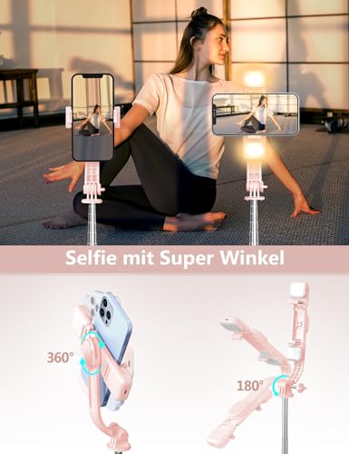 Selfie Stick mit Fülllicht, 114 cm Smartphone Stativ mit Fernauslöser Kompatibel mit iPhone 15/14/13/12/11 Pro/Max/Plus, Huawei, Xiaomi(Rosa) 6