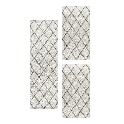 Alfombra alrededor de la cama Peludo de pila larga Diseño Escandinavo de Rombo Dormitorio Suave y esponjoso Rectangular 3 partes de corredor, color:Crema, juego de cama:2x 80x150 + 1x 80x250